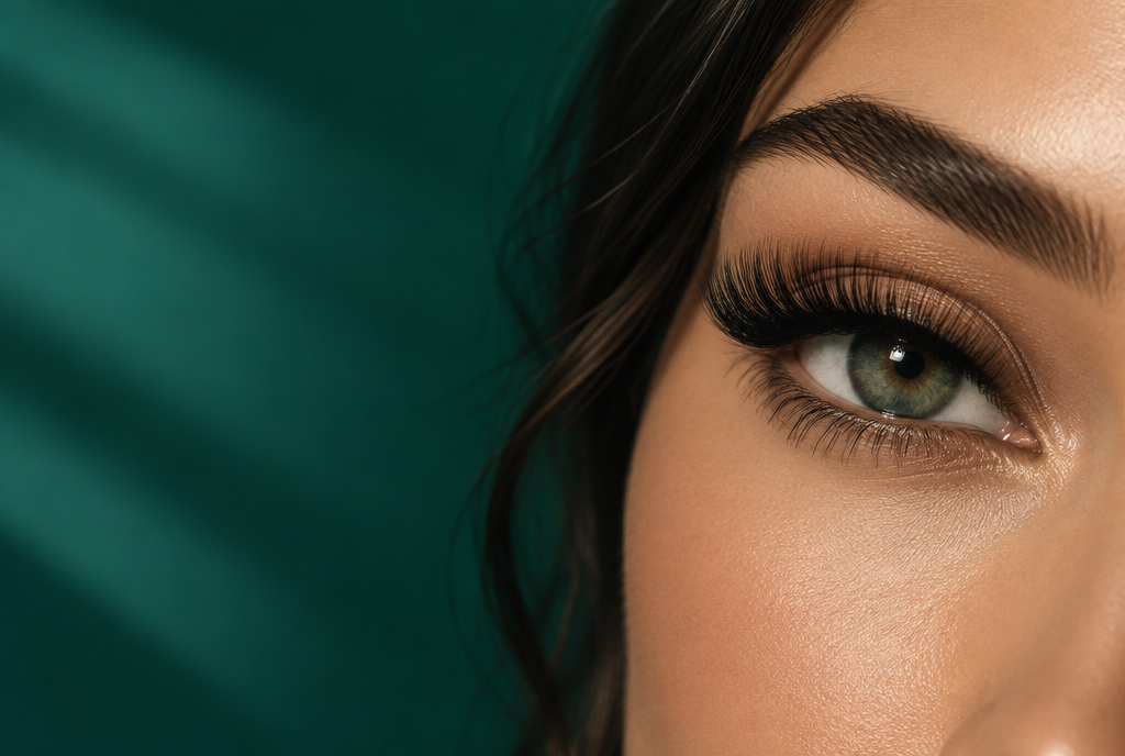 Close-up of lash extensions in teal-toned studio light, cover image for the LASHGASM Lash Career Starter Pack online course