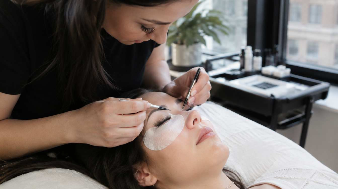 Gros plan sur des cils naturels garnis d’extensions, avec une technicienne qui retouche une pose de cils à Montréal.